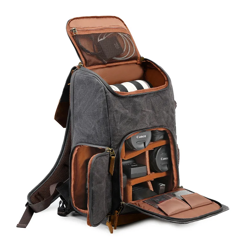 Vintage Waterproof Batik Canvas Genuine Leather Photography Backpack Multifunctional SLR Outdoor SLR Camera Bag