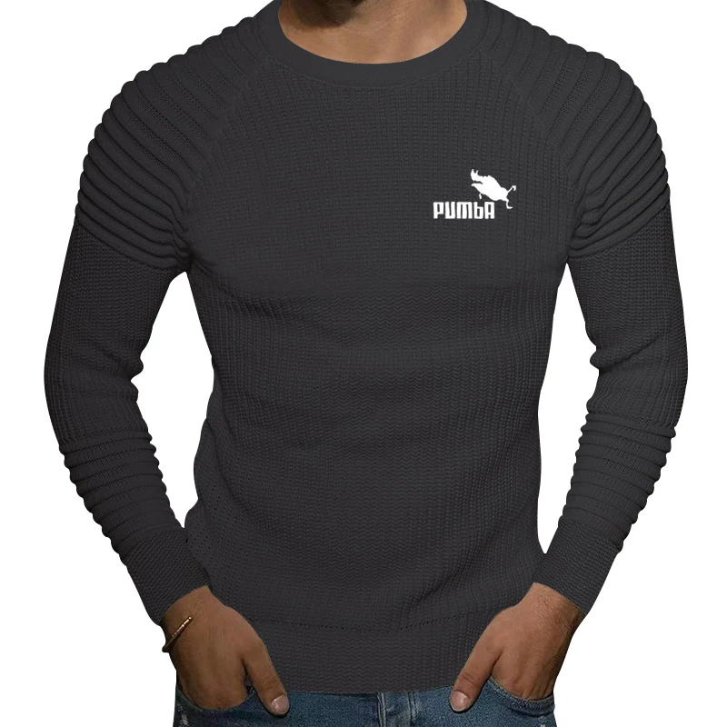 Autumn and Winter New Men's Slim Fit Knitted Sweater Round Neck Solid Color Panel Shoulder Folding Bottom Fashion Top