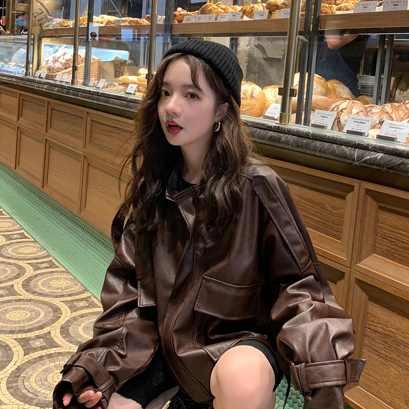 Women 2023 Hip-hop Style Pu Faux Leather Coat Early Autumn New Korean Style Cool Loose Fashion Zipper Short Jacket Basic Jackets