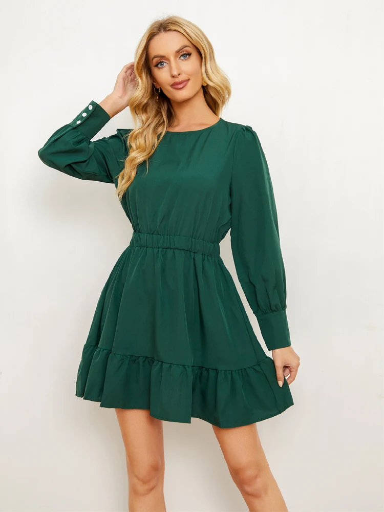 

Женское платье с круглым вырезом, длинным рукавом и поясом на резинке