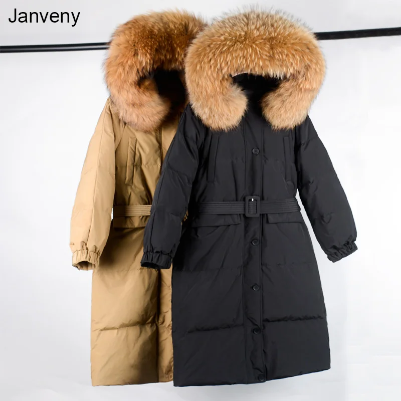 

Janveny Lange Donsjacks Grote Wasbeer Bont Vrouwen Winterjas Vrouwelijke Luxe Dikke 90% Eendendons Parka Puffer Veer uitloper
