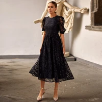black lace cocktail dress sparkly o neck half puffy sleeves short cocktail gown a line tea length backless sexy midi party dress