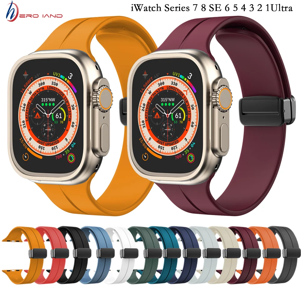 

Heroland Magnetic Silicone Strap For Apple Smart Watch Band 38 40 41MM/42 44 45 49MM Bracelet iWatch Series 7 8 SE 6 5 4 3 Ultra