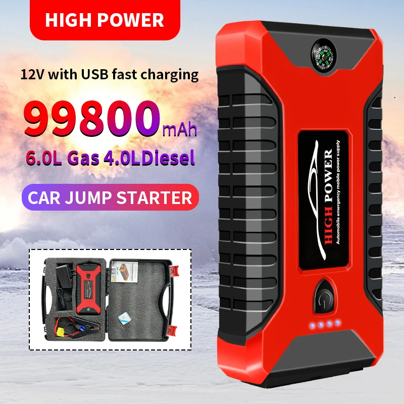 

2022 New Car Jump Starter 99800mAh 600A 12V Output Portable Emergency Start-up Charger for Cars Booster Battery Starting Device