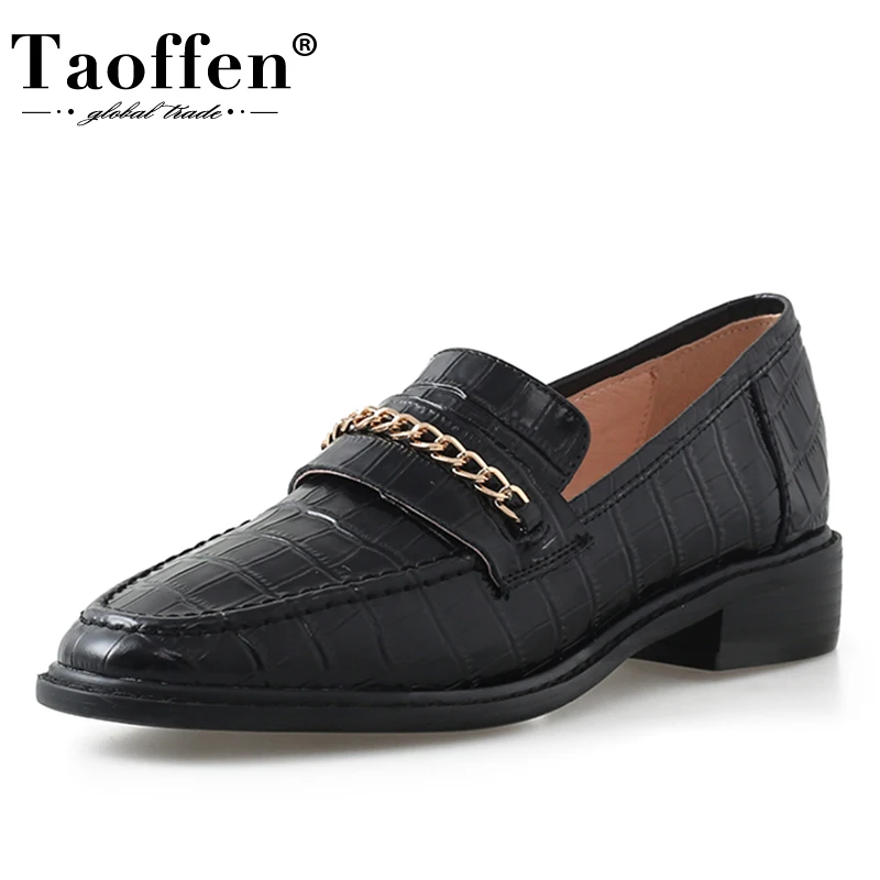 

Taoffen Size 33-43 Genuine Leather Shoes Women Flats Metal Chains Slip On Shallow Daily Fashion Ins Spring Ladies Footwear