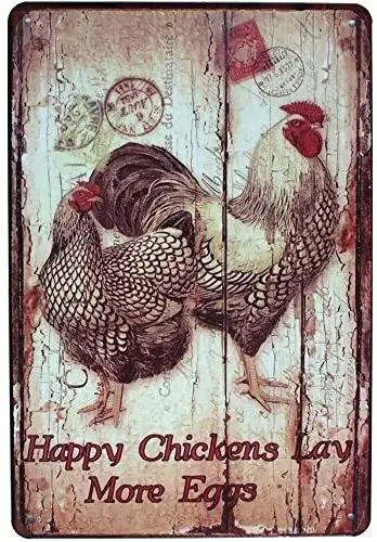 

Happy Chickens Lay More Eggs, Rooster Decor Metal Tin Sign, Wall Ornament Farm & Bar Decor 8" X 12"