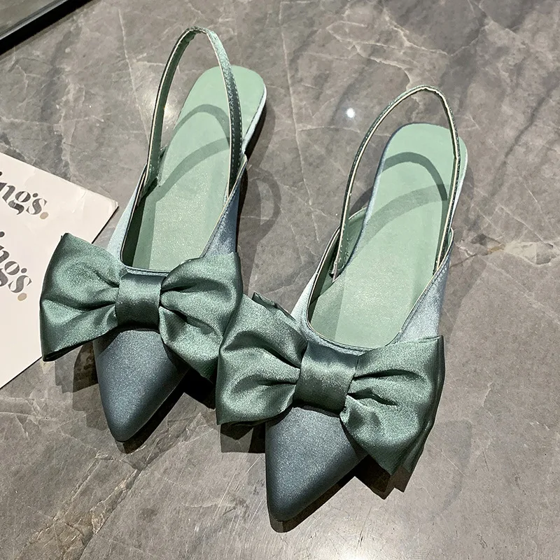 

2023 Summer Women Baotou Sandals Fashion Bow-knot Low Heels Pumps Female Silk Sexy Pointed Sandalias De Mujer Women's Shoes