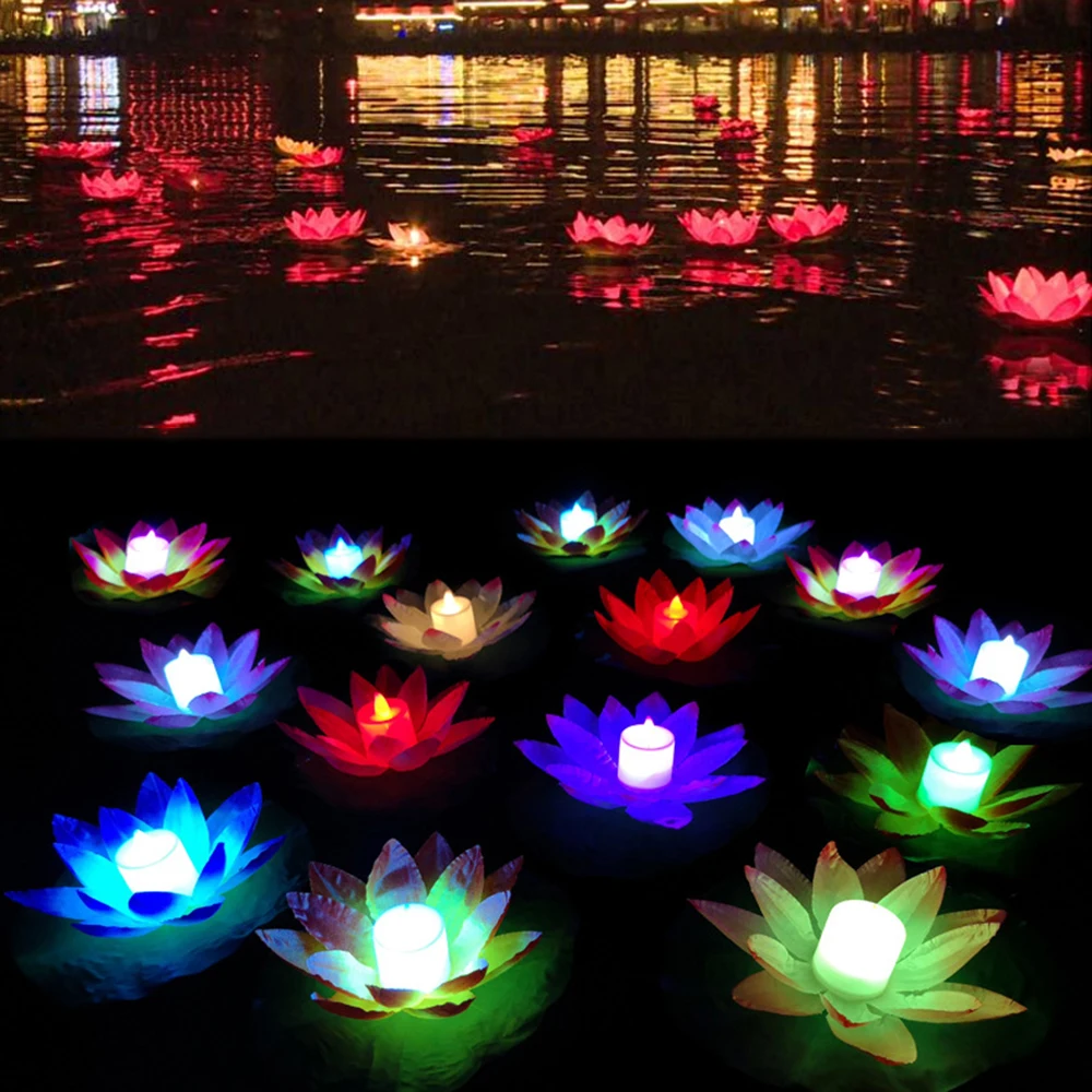

LED Flood Light Artificial Lotus Colorful Changed Floating Flower Lamps Water Swimming Pool Wishing Light Lanterns Party Supply