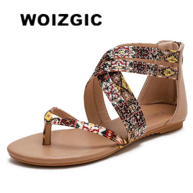 

WOIZGIC Women Female Ladies Sandals Flats Shoes PU Leather Slip On Summer Cool Beach Ethnic Style Plus Size 41 42