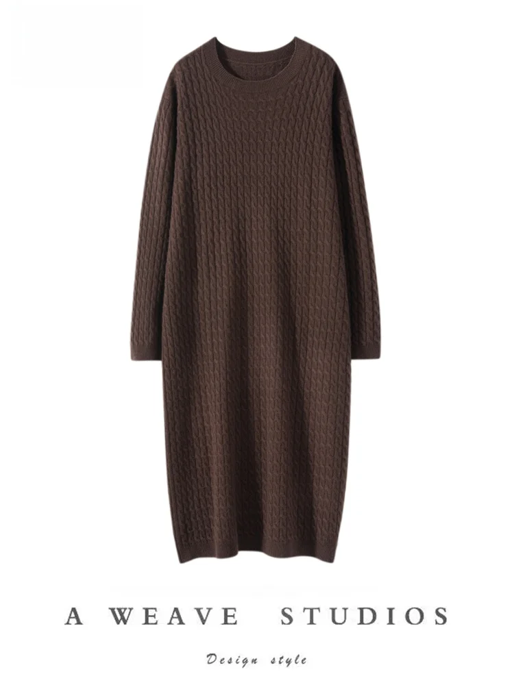 Осень-зима 2023 женское 00% чистое кашемировое платье с круглым вырезом витое