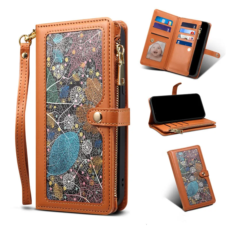 

Wallet Flip 8 Card Slots Case For Google Pixel 6 7 Pro 6A Leather Photo Slot Patterned leaves Zipper Cover