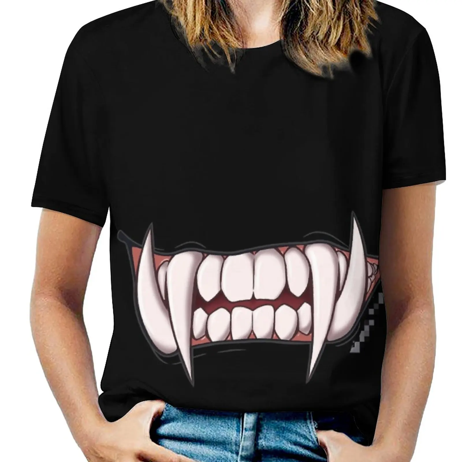 

Vampire Monster Fangs T-shirt Crewneck Motion Humor Graphic Top Tee Novelty Travel USA Size