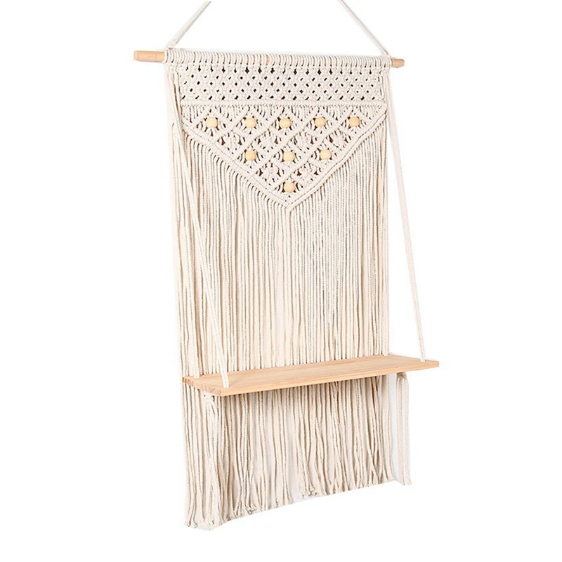 

Macrame Wall Hanging Shelf Boho Cotton Rope Woven Tapestry Plant Hanger Wood Floating Shelf Wall Decor
