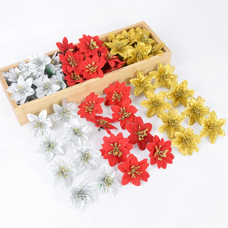 

10/20p Christmas Glitter Artificial Flowers Christmas Tree Decoration Thanksgiving Wedding Party New Year Gift Simulation Flower