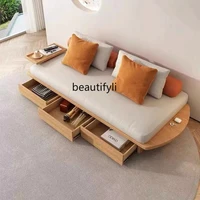 zqjapanese style wood fabric sofa living room small apartment drawer storage double solid wood sofa bed