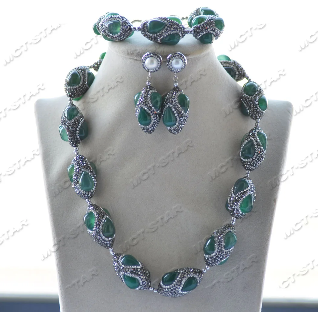 

MCT·STAR Z11883 30mm Green Agate Shuttle CZ Bead Necklace Bracelet Earring