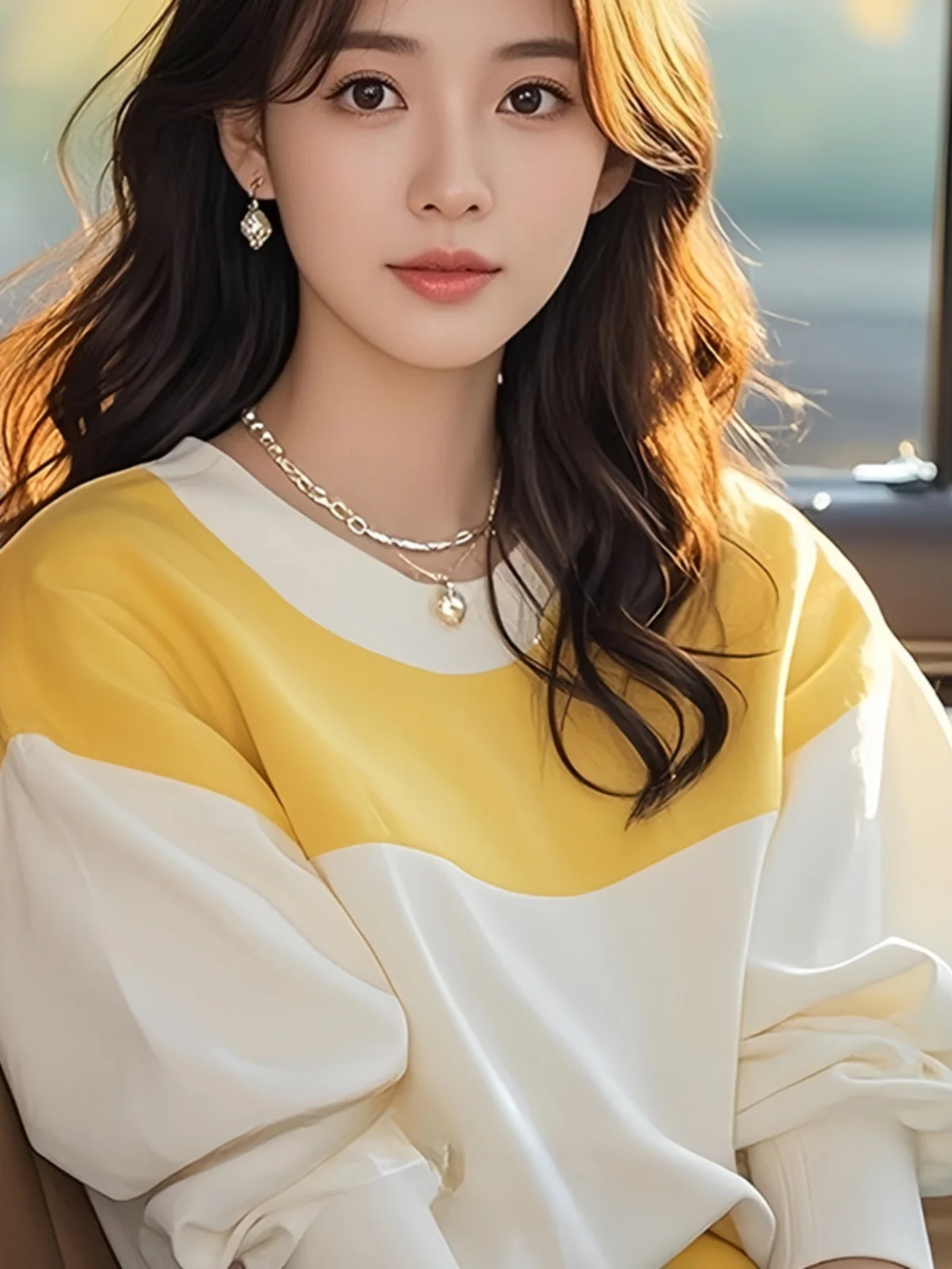 Желто-белая свободная рубашка контрастного цвета с длинными рукавами для женщин