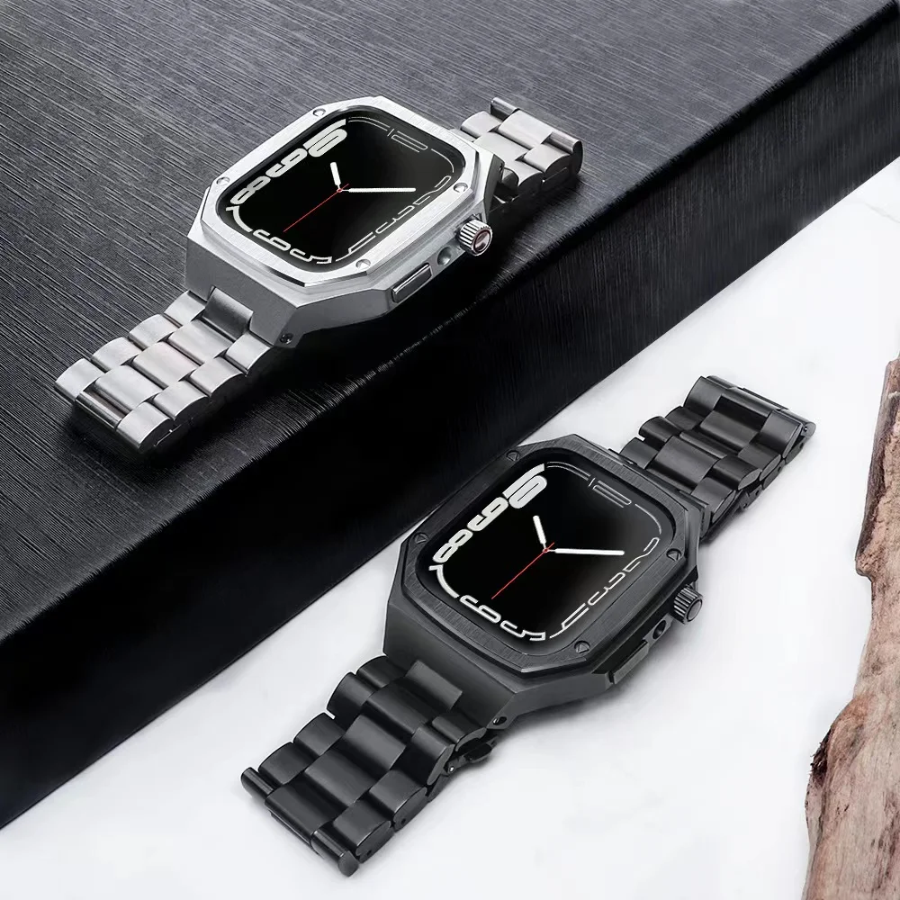 Metal Strap+Case For Apple Watch Band 45mm 44mm Stainless Steel Retrofit Bracelet Wristband For iWatch series 8 7 6 5 4 SE band