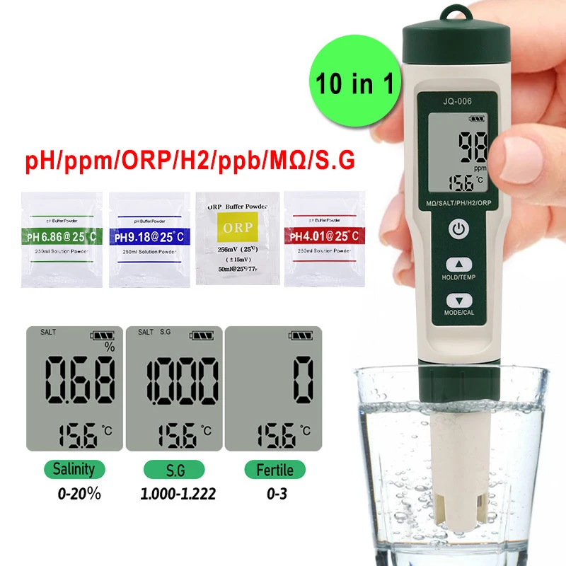 

10 In1 Water PH Meter Testing PH/TDS/EC/SALT/TEMP/S.G/ORP/H2/Fertile/Resistivity Pen Tester Aquarium Pool Water Quality Detector