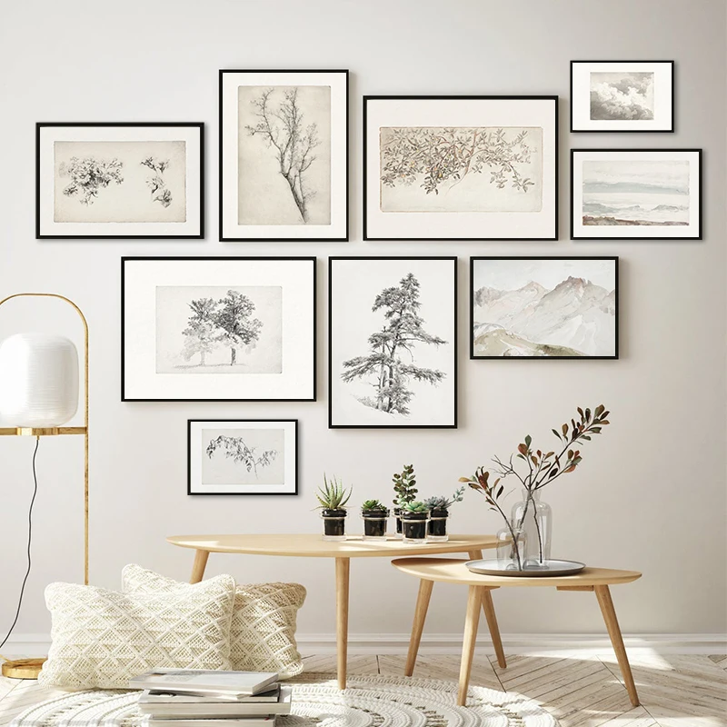 

Tree Mountain Flower Sketch Vintage Drawing Wall Art Canvas Painting Nordic Posters And Prints Wall Pictures Living Room Decor