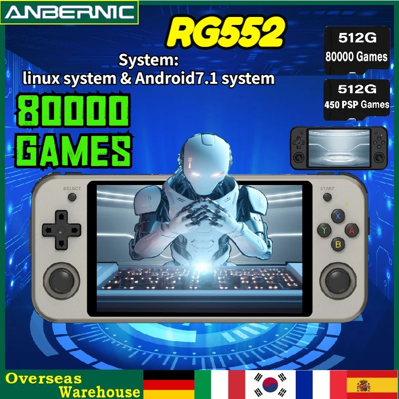 

512G ANBERNIC RG552 Original Handheld Retro Game Console 5.36 Inch IPS Touch Screen RK3399 Systems Android Linux 80000 Games PSP