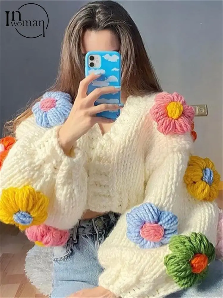 

Женский вязаный свитер с цветами Inwoman, повседневная одежда для женщин, осенне-зимний Кардиган, модный утепленный свитер, теплая куртка, 2023