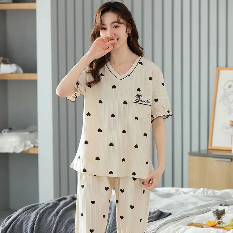 Summer Pajamas Set Women 100% Cotton Short Sleeve 2 Piece Set Nightwear Turn-Down Collar Homewear Lounge Clothes Pijama Femme