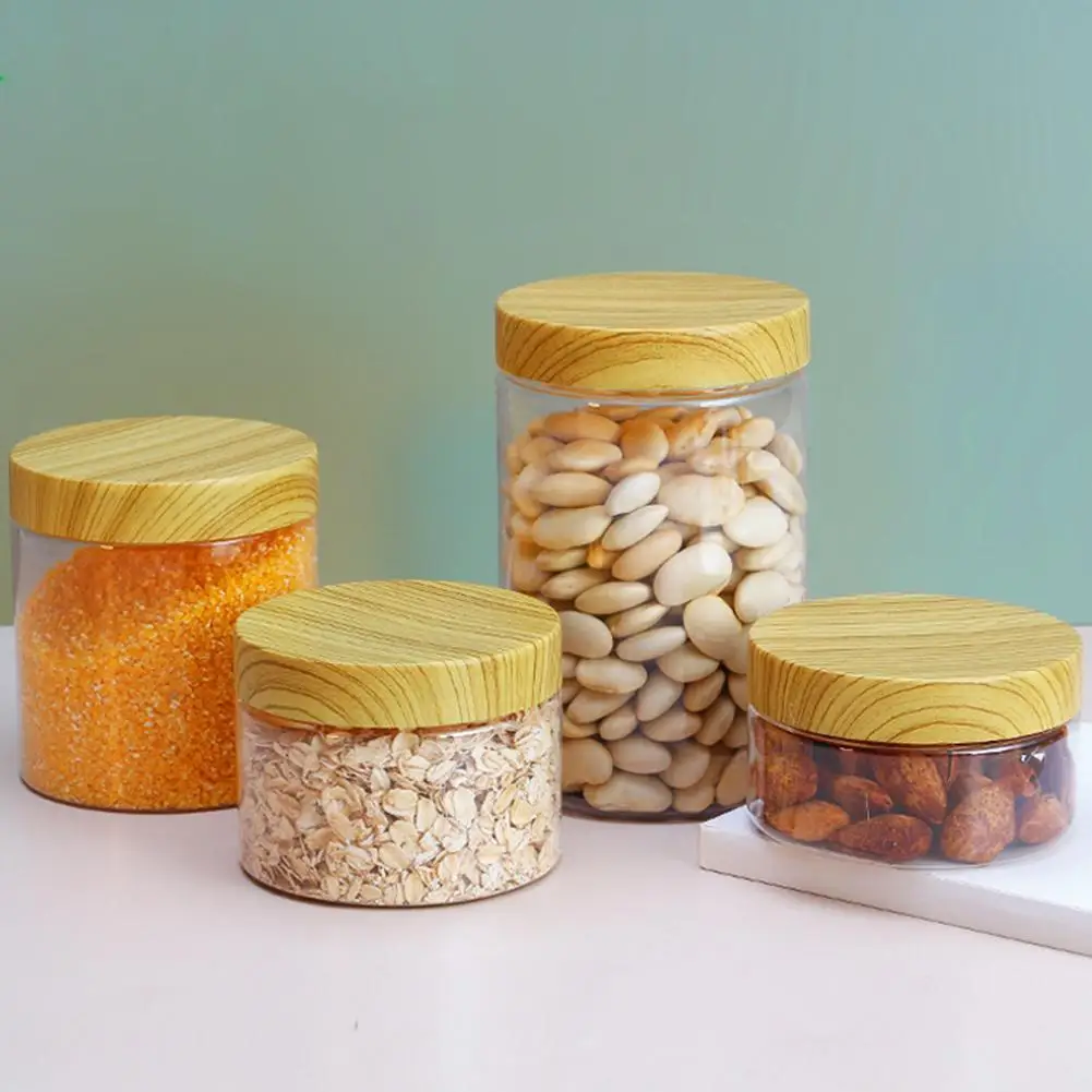 Plastic Bottle Nut Biscuit Jar Wood Grain Transparent Sealed Jar Kitchen Seasoning Grains Moisture-proof Fresh-keeping Storage images - 6