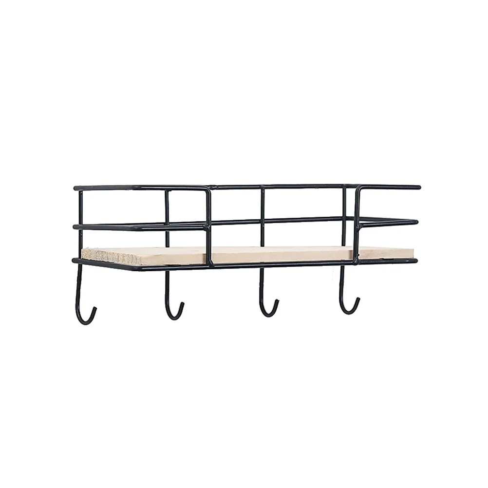 

Modern Wrought Iron Storage -mounted Decorative Shelf Hanging Holder Organizer with Hooks (4 Hooks, Black)