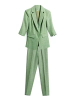 2022 womens professional wear office suit 2 piece set summer casual plaid ladies elegant blazer workwear high waist ninth pants