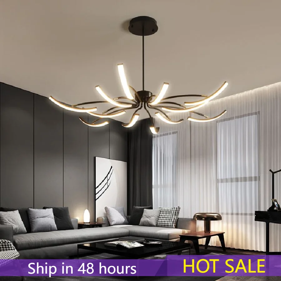 

Черная люстра, железная дизайнерская потолочная лампа с регулируемой яркостью для спальни, гостиной, столовой, кухни