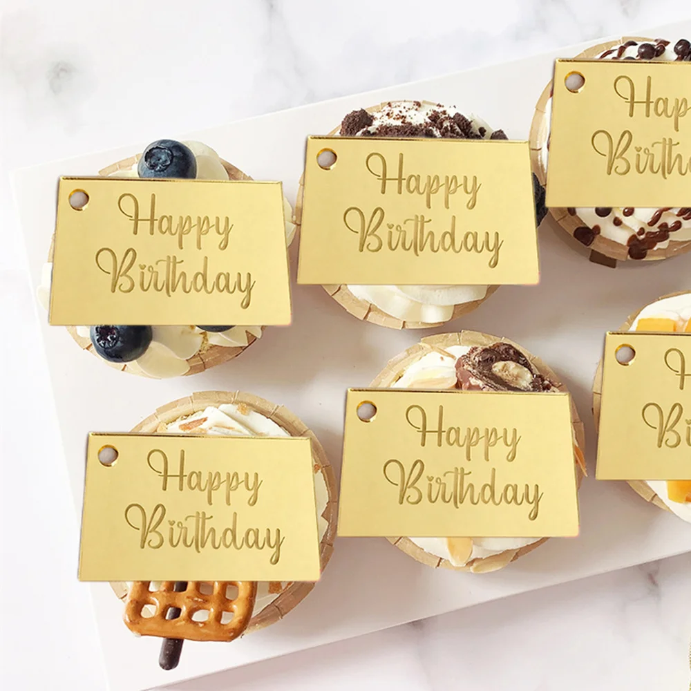 

Golden Acrylic Happy Birthday Cake Toppers Baby Shower Birthday Party Supplies Cake Gift Box Packaging Decorating Card Pendants