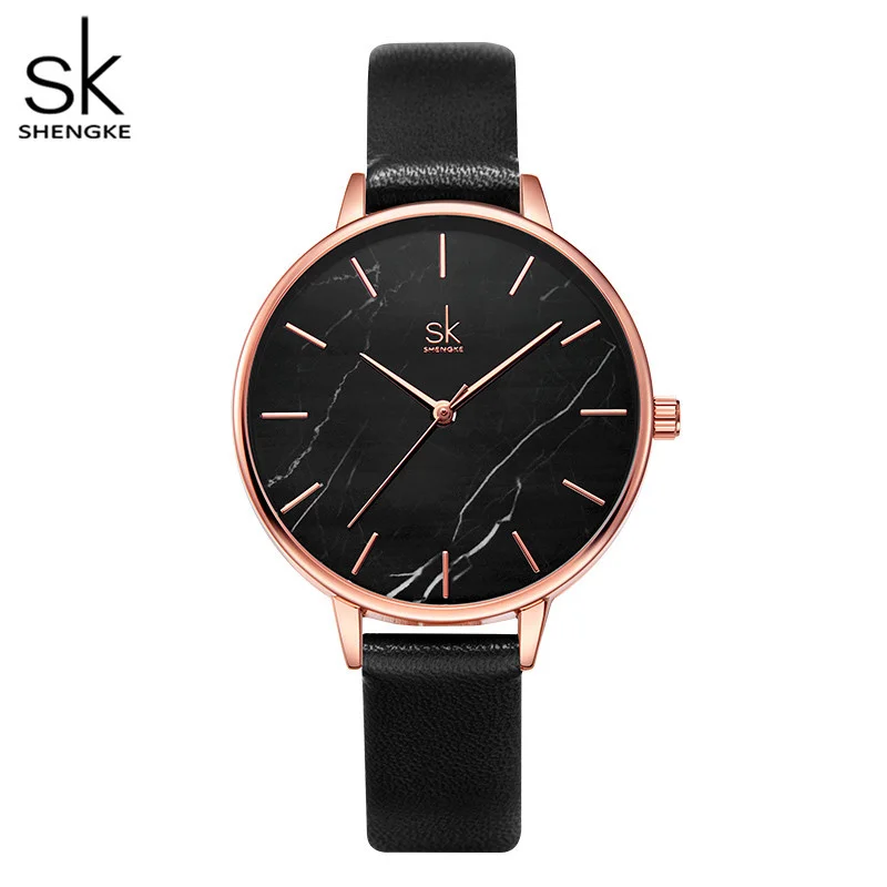 

Shengke New Fashion Black Marble Dial Watch For Women Leather Relogio Feminino Quartz Thin Casual Strap Watch Reloj Mujer