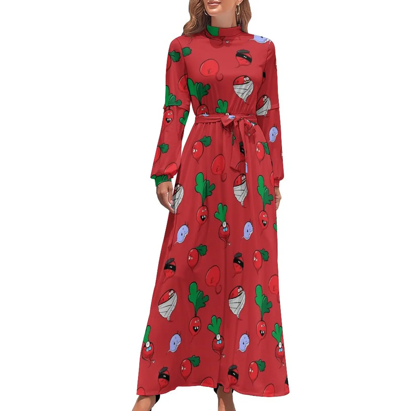 

Crazy Radishes Dress Funny Vegetable Cute Design Maxi Dress High Waist Long-Sleeve Stylish Beach Long Dresses