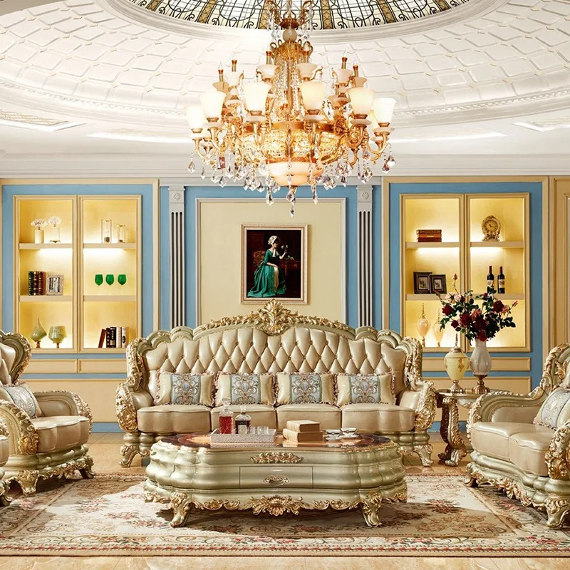 Фото @ #   Европейский элитный комплект мебели для гостиной: диваны Royal Classic с резным каркасом из массива дерева и обивкой из натуральной кожи, 1, 2 и 4-местные. №1