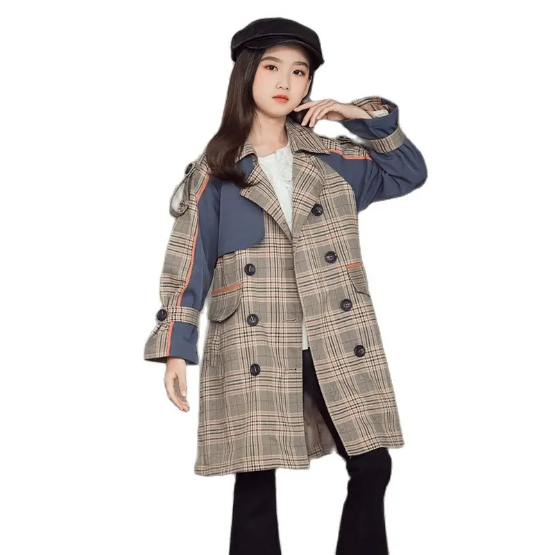 

Girls Plaid Windbreaker Spring Autumn Outwear Fashion New Double-breasted Top Teens Mid-length Patchwork Belt Trench Coat 4-14Y