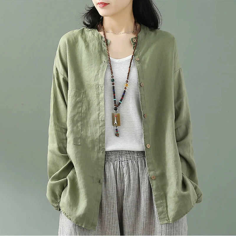 

Spring Autumn New Arts Style Women Long Sleeve Shirts Solid Cotton Linen Loose Casual O-neck Blouse vintage Ladies Tops D435