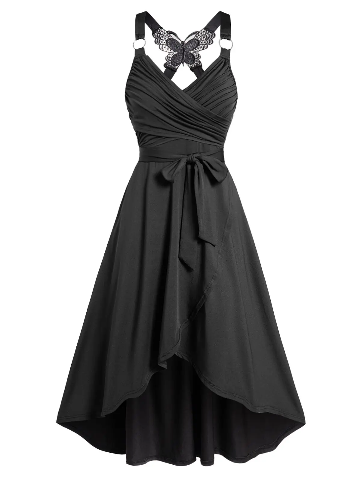 

Dressfo Women Crossover Dress Self Belted Bowknot Tied Butterfly Lace Summer Black Dress Sleeveless Midi Casual Dress