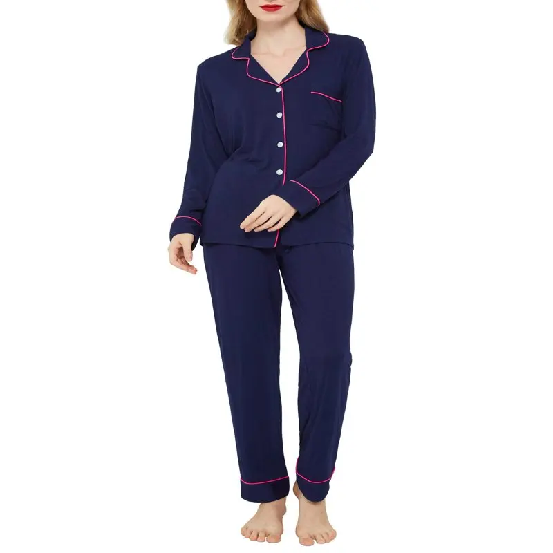 

HMCN Women`s Pajamas Set Long Sleeve Sleepwear Button Down Nightwear Soft Pj Lounge Sets (2XL, Navy)