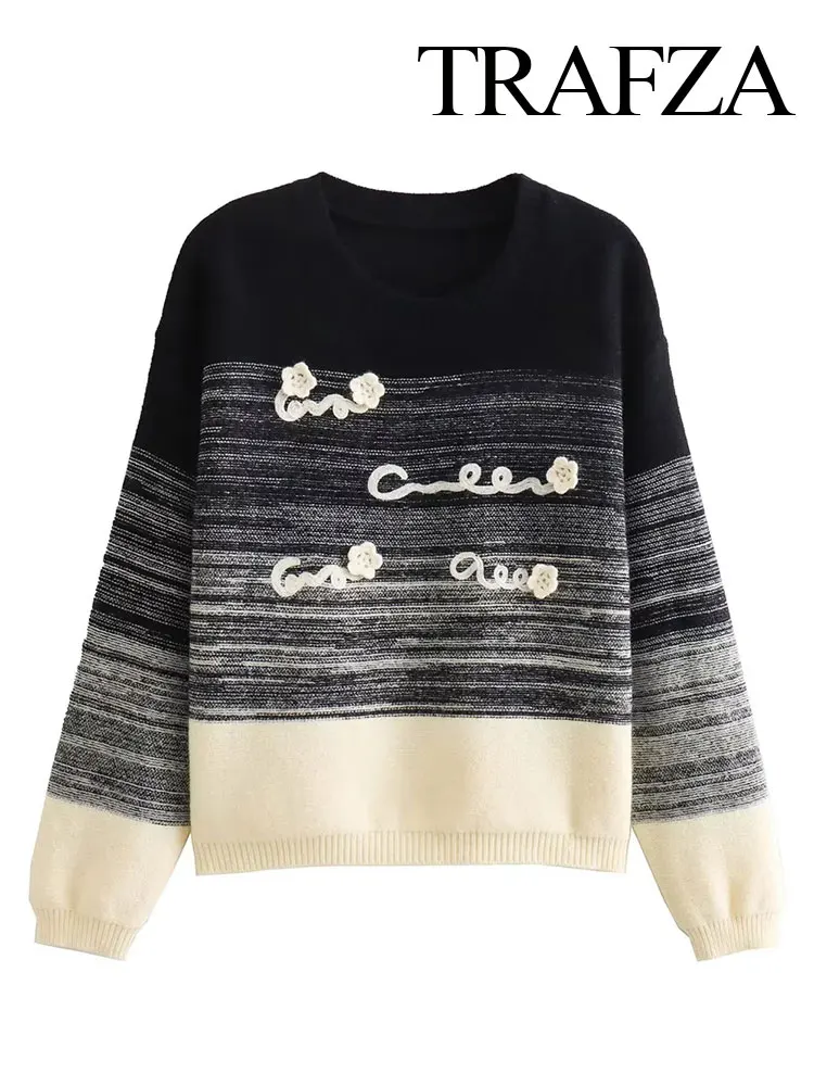 

Женский вязаный пуловер с круглым вырезом и длинными рукавами