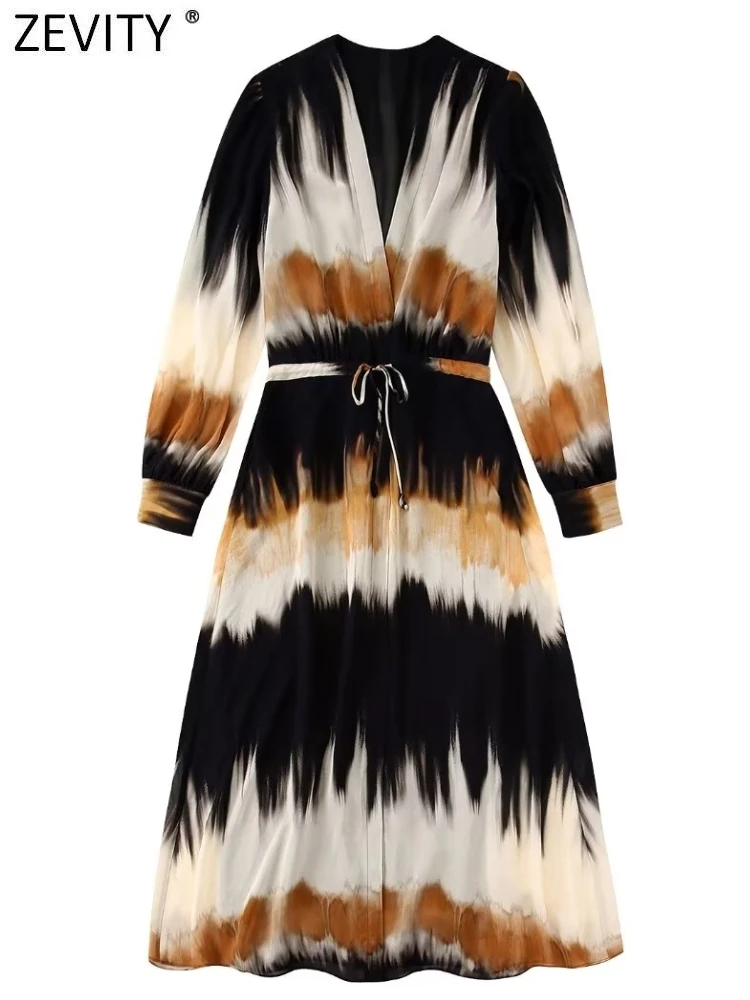 

Zevity женское винтажное лоскутное повседневное облегающее платье миди с принтом тай-дай, женское шикарное платье с V-образным вырезом и поясо...