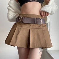 high waist khaki pleated skirt with belt women summer 2021 harajuku y2k mini skirts casual vintage gothic streetwear chic wear