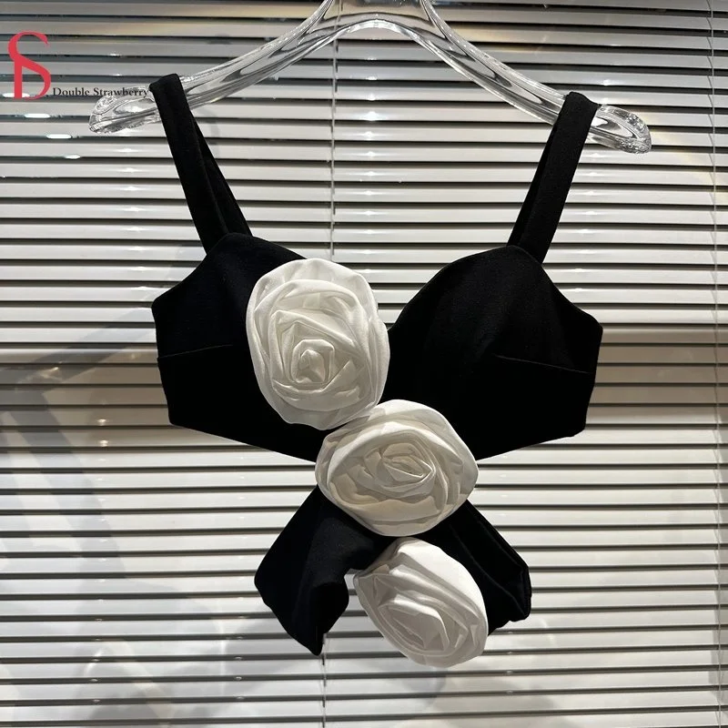 

Crop Summer New Tops Women's Stereoscopic Camellia Flower Hollow Oil Leakage Sexy Celebrity Tank Top Sling