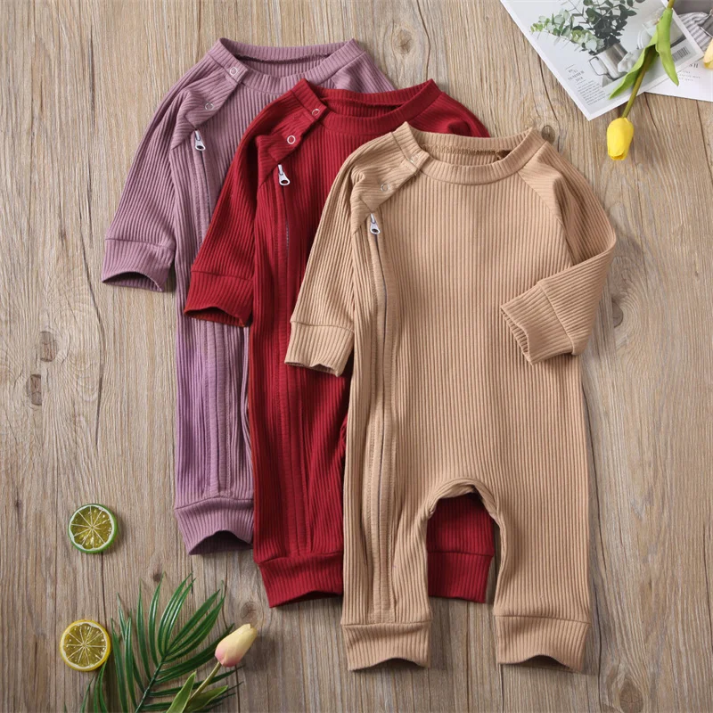 

Autumn Spring Baby Girls Boys Rib Knit Rompers Solid Color Newborn Long Sleeve Crew Neck Zipper Jumpsuits Casual Basics Clothes