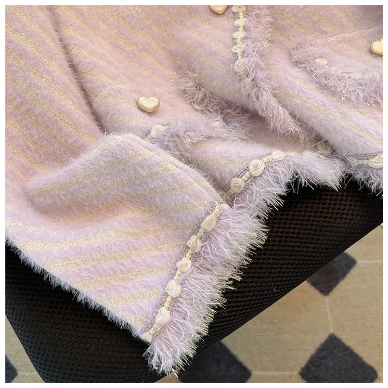 Новинка осени 2024 фиолетовый вязаный кардиган с v-образным вырезом и кисточками