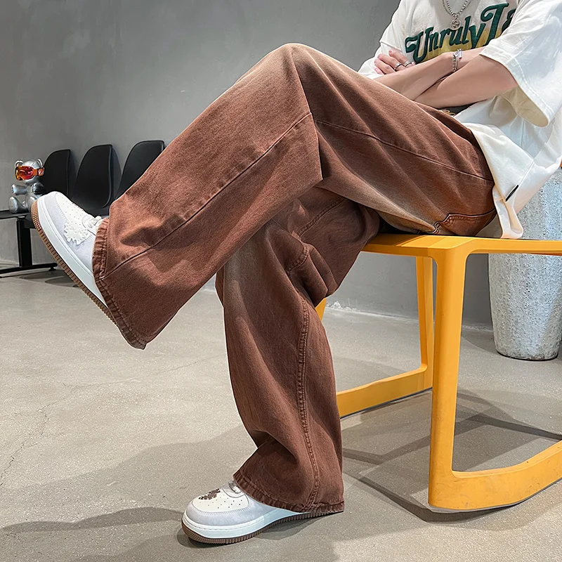Summer Brown Baggy Jeans Men Fashion Retro Casual Wide Leg Jeans Men Streetwear Loose Hip Hop Straight Denim Pants Mens Trousers