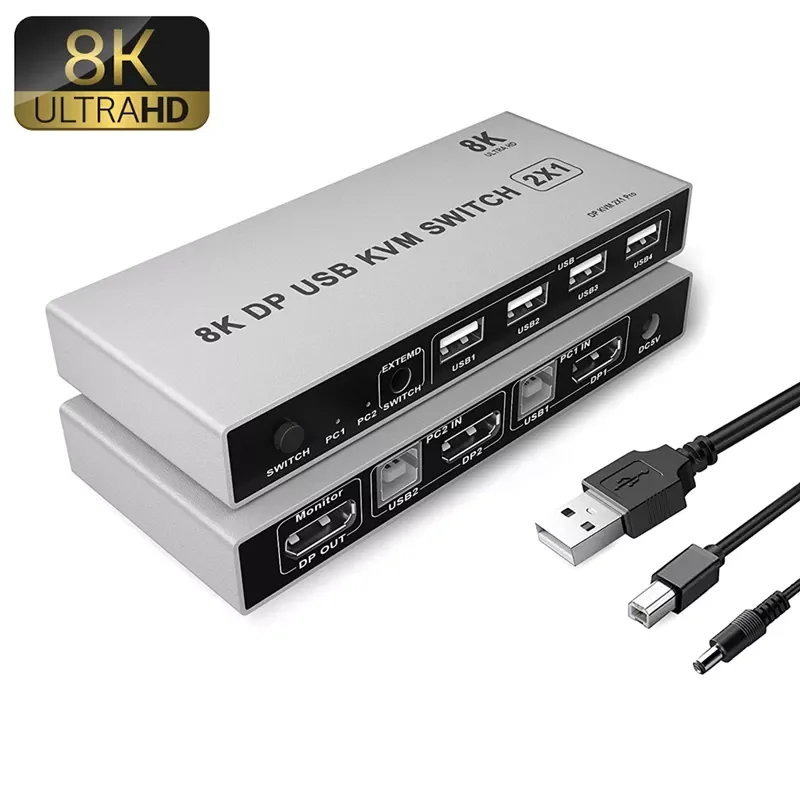 

8K Displayport KVM Switch 2-port DP USB KVM Switch 4K@144hz Displayport 1.4 Switch KVM Dp switch Support mouse&keyboad Print