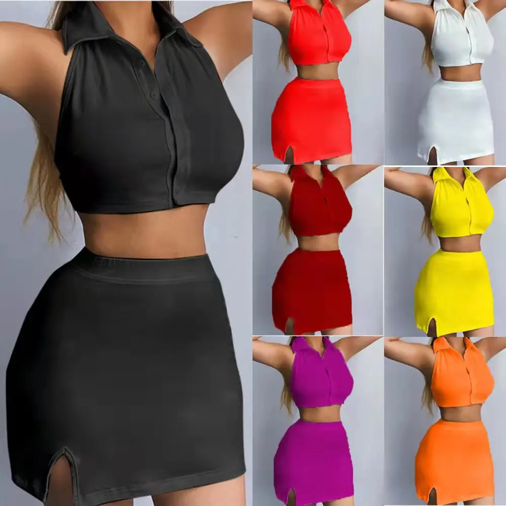 

Plus Size Summer Women Lace-up POLO Collar Tops Sexy Waistless Skirts Ladies New Casual Simple Skirt Suit Elegant Backless Dress