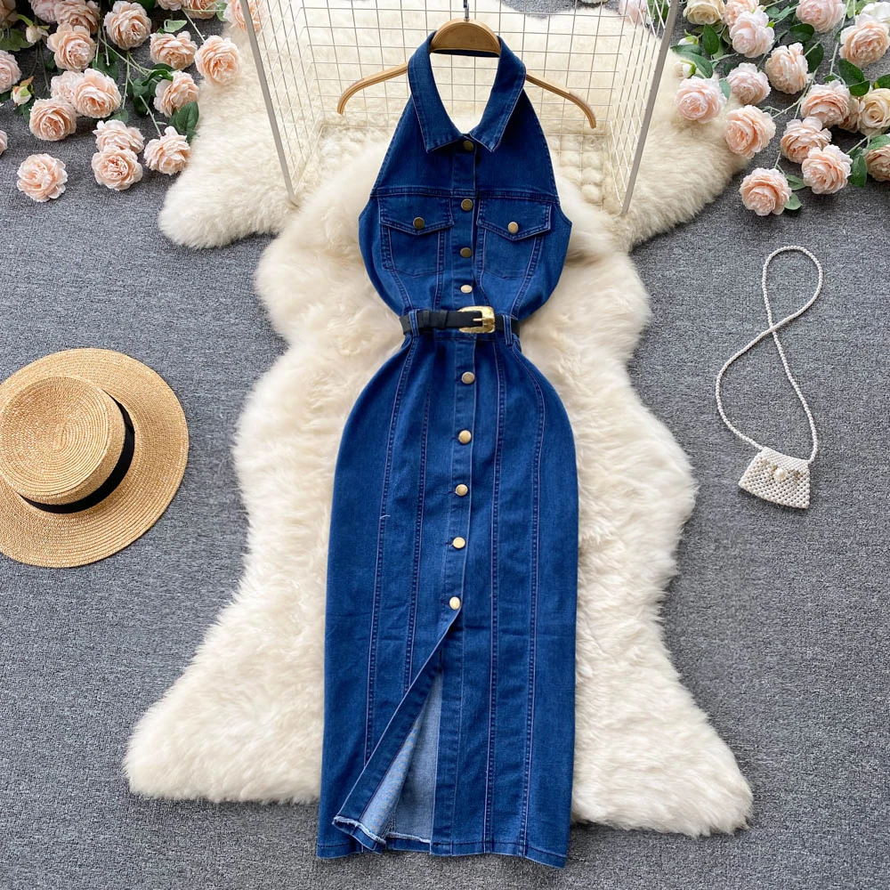 

Women New Fashion Sexy Hanging Neck Single Breasted Dress Sleeveless Lace Up Waist Thin Wrap Hip Denim Clothes Vestidos G839