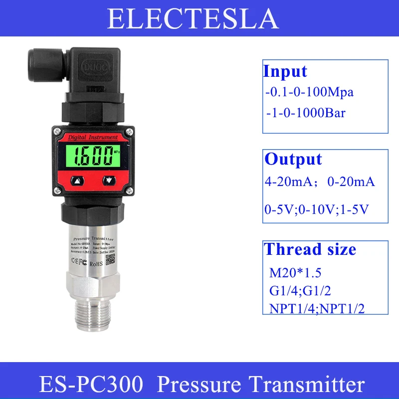 LCD Display Pressure Transmitter 24VDC 0-10V 4 to 20ma Liquid Oil Air Water Pressure Transducer g1/4 0-1000bar Pressure Sensor